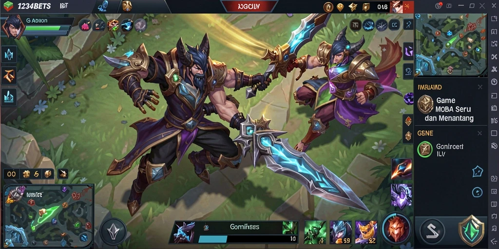 Tampilan screenshot permainan <strong>1234BETS</strong> dengan aksi pertarungan MOBA yang intens.