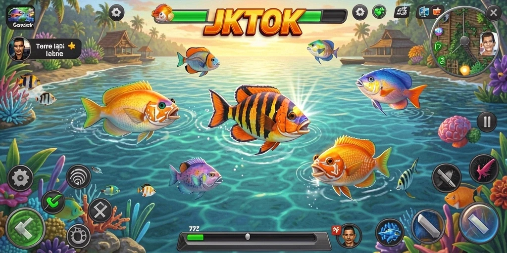 Screenshot gameplay JKTOK menampilkan aksi menembak ikan yang seru.