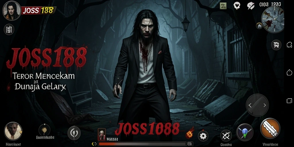 Screenshot gameplay <strong>JOSS188</strong> yang menunjukkan suasana menakutkan dan karakter utama.