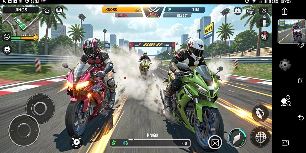 Screenshot gameplay KNO89 menampilkan balapan motor yang seru.