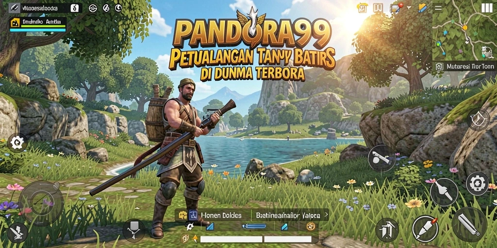 Screenshot gameplay PANDORA99 menampilkan pemandangan indah dunia terbuka.