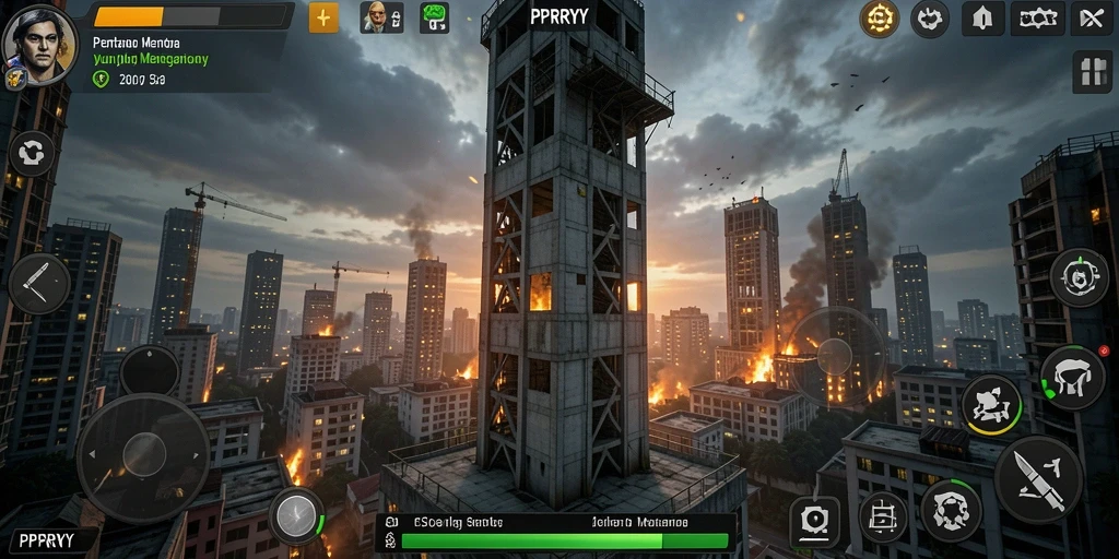 Tangkapan layar gameplay PPRRYY dengan efek menara yang menarik.