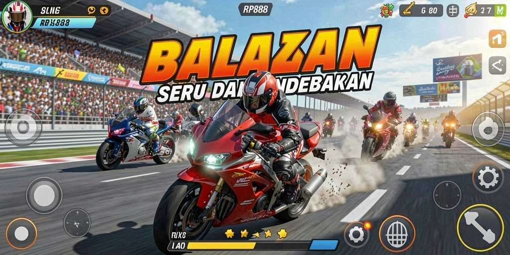 Screenshot gameplay RP888 yang menampilkan balapan motor yang mendebarkan.