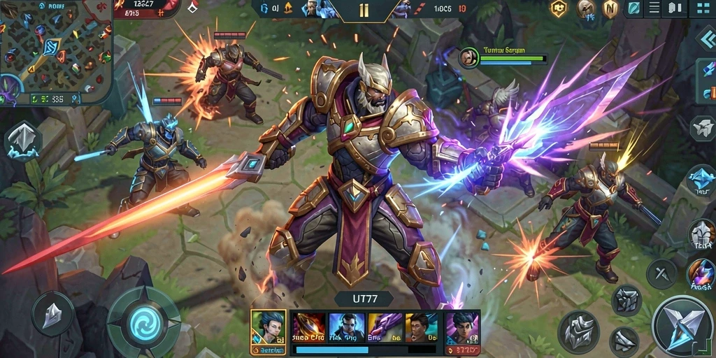 Tampilan gameplay MOBA yang menegangkan di UT77.