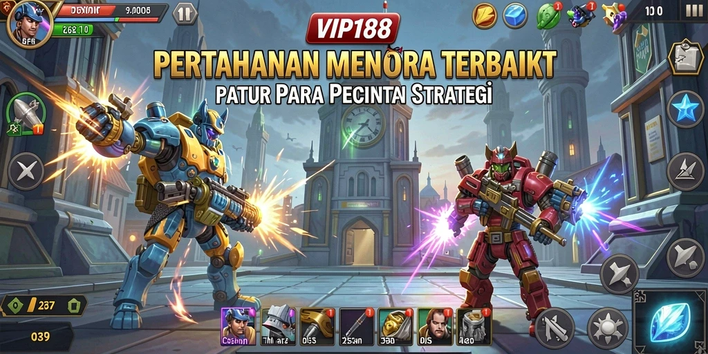 Screenshot utama menunjukkan aksi menantang dalam gameplay Tower Defense.