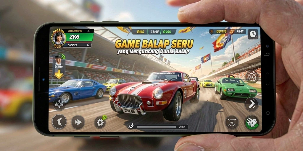 Screenshot gameplay ZK6 menunjukkan aksi balap yang mendebarkan dengan grafik yang menakjubkan.